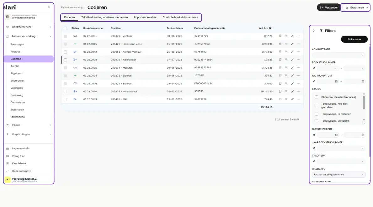 De webversie in de nieuwe weergave: menu links, acties als tabbladen en filters rechts